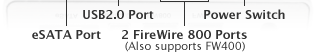 FireWire 800/400, eSATA, USB 2.0, Power Switch