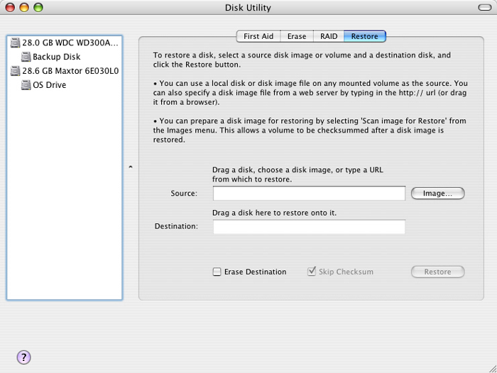Disk Utility's Restore Tab