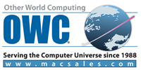 Other World Computing logo w/ globe, tag, and url.