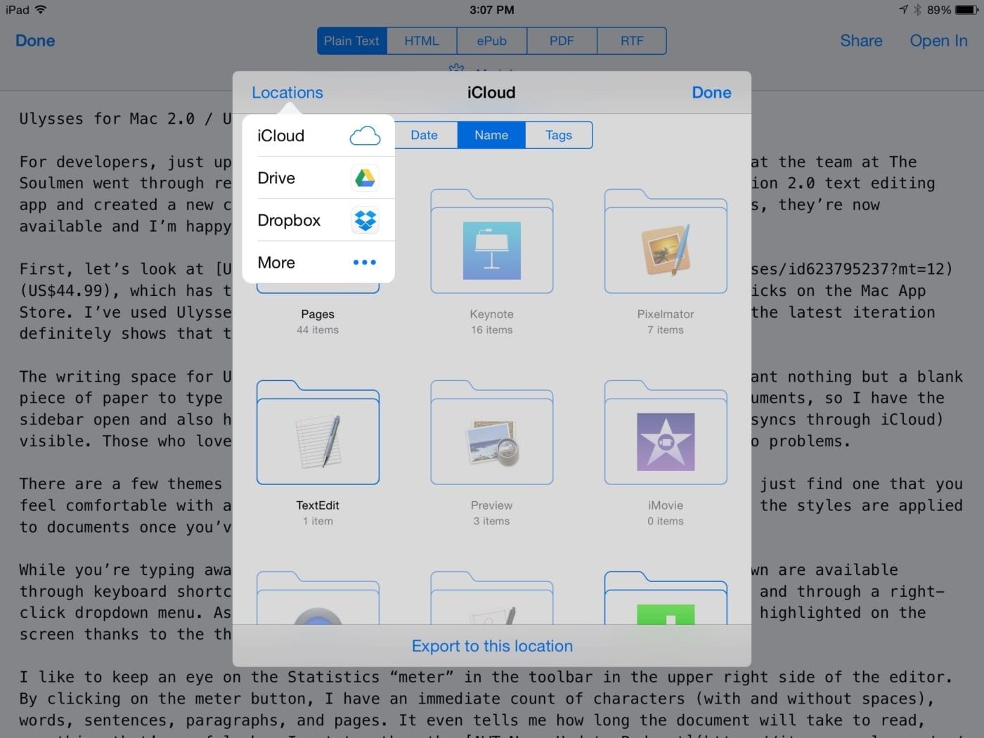 Sharing and export tools - Ulysses for iPad
