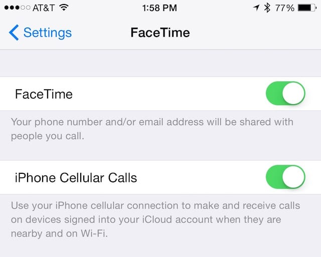 FaceTime Settings on iPhone