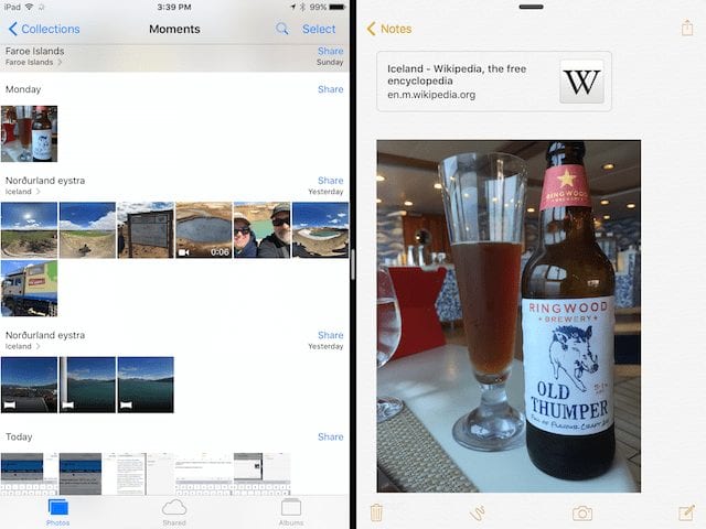 iOS 9 Split Screen on an iPad Air 2 - Photos and Notes