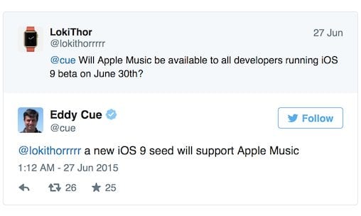 Eddy Cue tweet about iOS 9 Apple Music