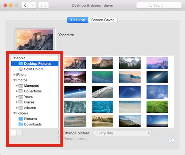 Selecting the image source folder for desktop backgrounds