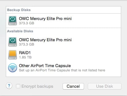Selecting Backup Disk in TIme Machine