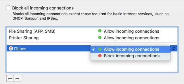 The toggle for blocking incoming connections