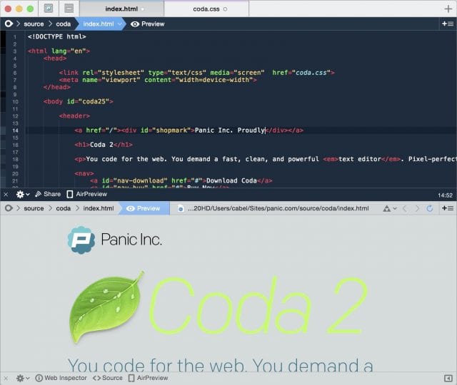 Coda, showing live preview of HTML code