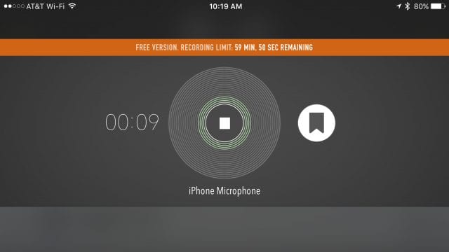 Ferrite Recording Studio on an iPhone, showing recording in progress