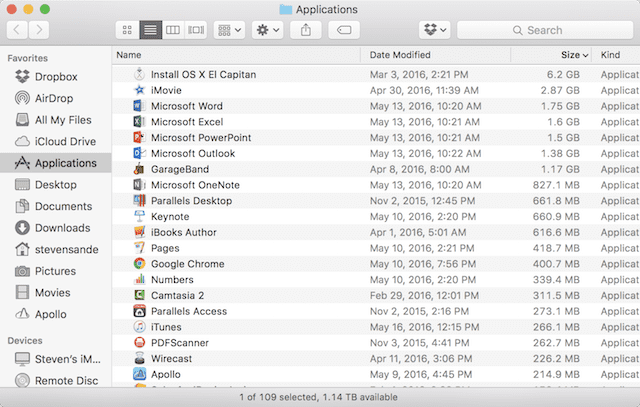 Listing the contents of the Applications folder by size.
