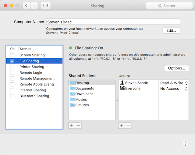 The Sharing pane in OS X System Preferences