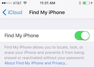 Tap the green toggle to disable Find My iPhone (or iPad)