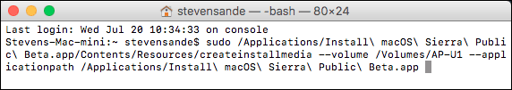 Your Terminal window should look similar to this, but with different Mac name, user name, install volume name.