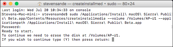 Password is entered, and to erase the disk and install Sierra, type Y and press return
