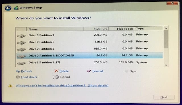 Selecting the BOOTCAMP partition in which to install Windows 10