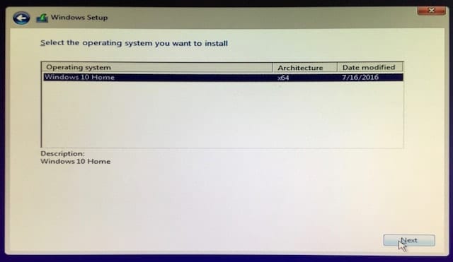 Selecting the version of Windows 10 to install