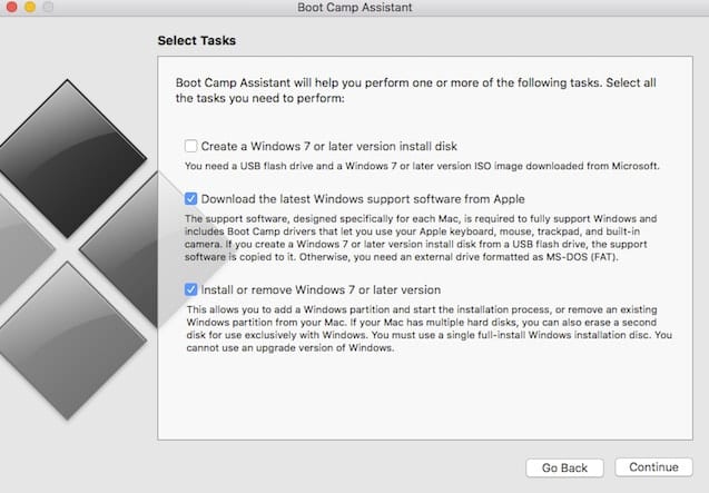 Selecting Tasks in Boot Camp Assistant