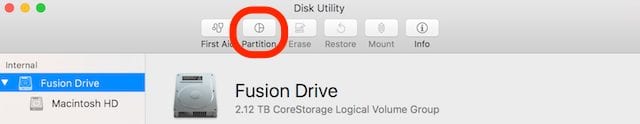 Disk Utility, with the Partition button highlighted