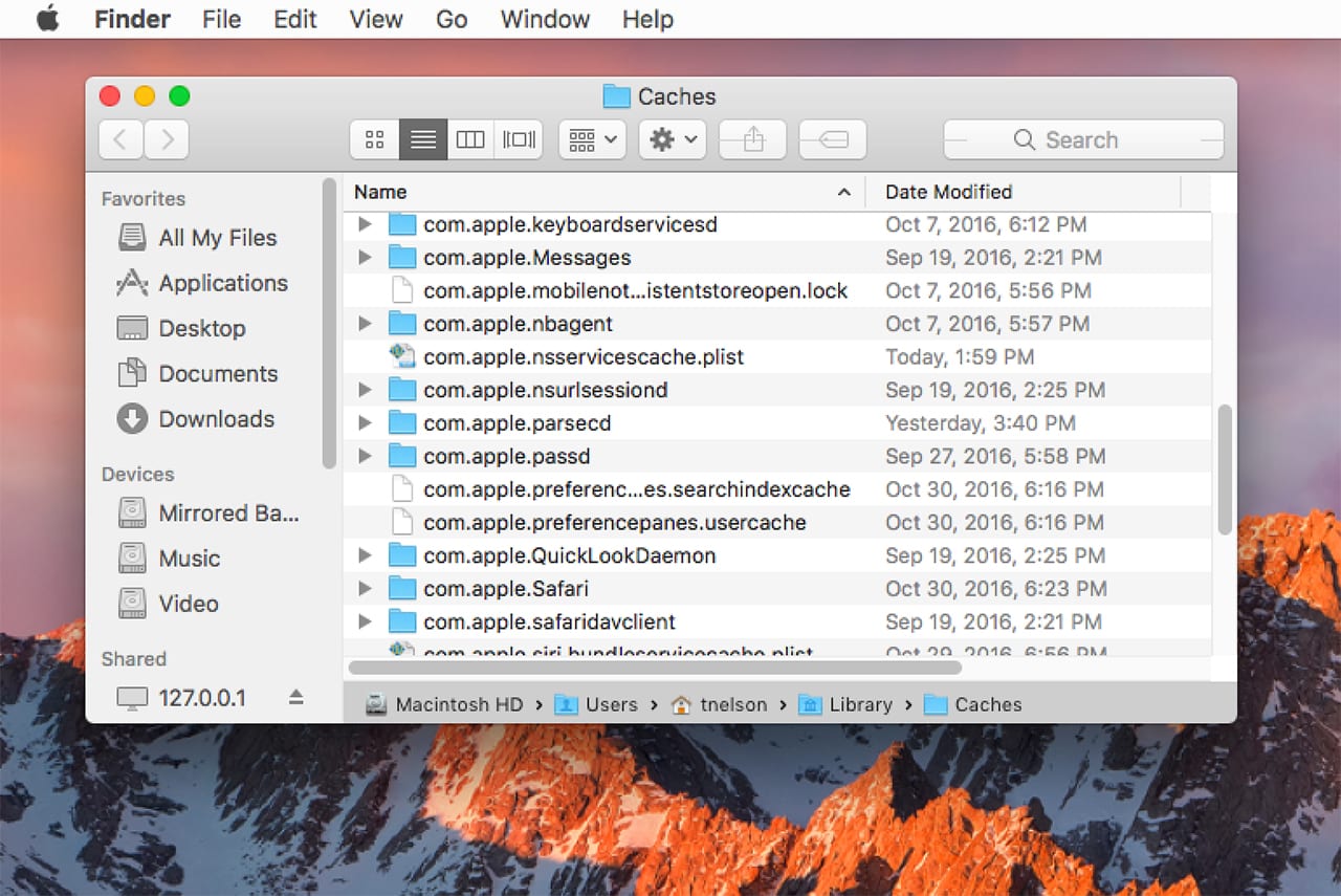 (The hidden Caches folder is where you'll find the folders that contain the files that may need to be deleted.)