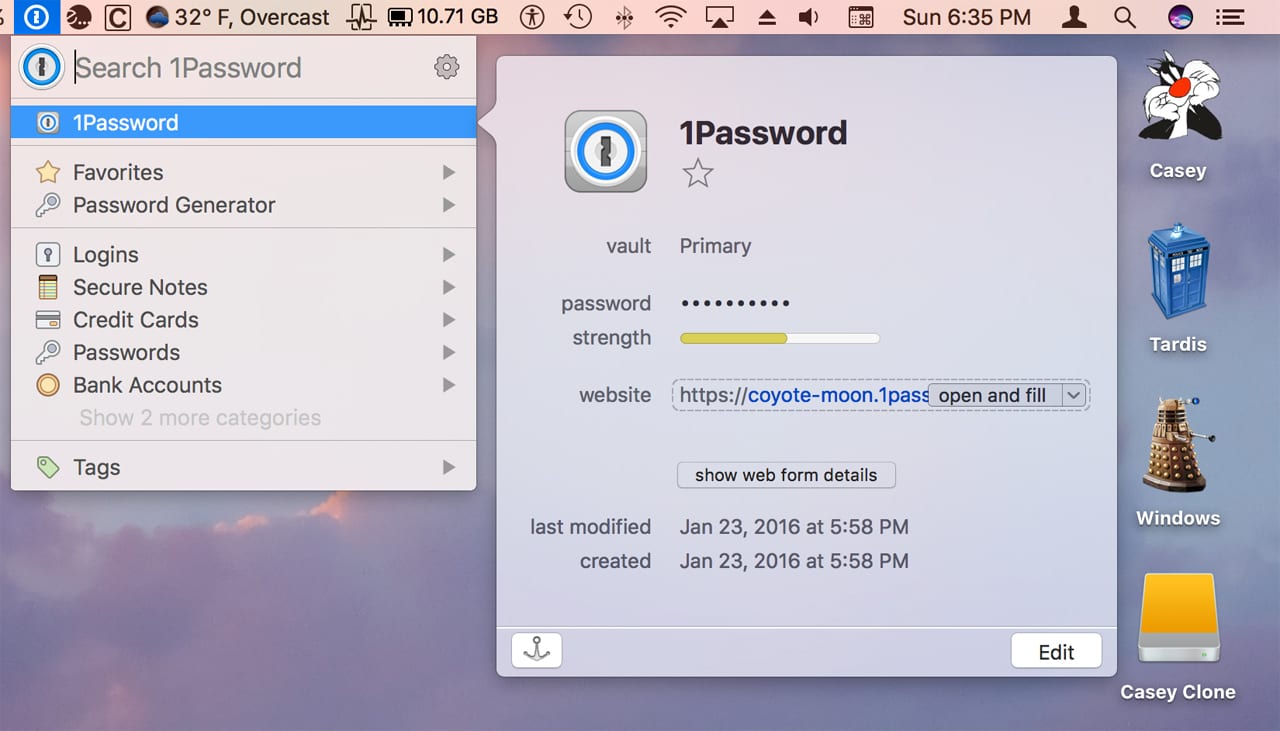1Password includes a mini app that gives you access to your saved logins from the menu bar.)
