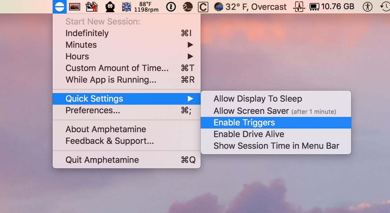 (Amphetamine can keep you Mac awake for any length of time, or you can use Triggers, the monitoring of events. As long as the event is occurring, your Mac remains awake.)