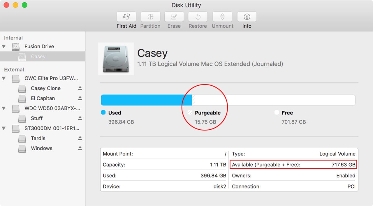 (Disk Utility displays purgeable space both in a bar graph and combined with free space in an information table.)