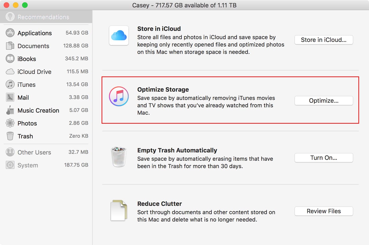 (Optimize Storage gives you a bit of control over iTunes files that can be considered purgeable.)