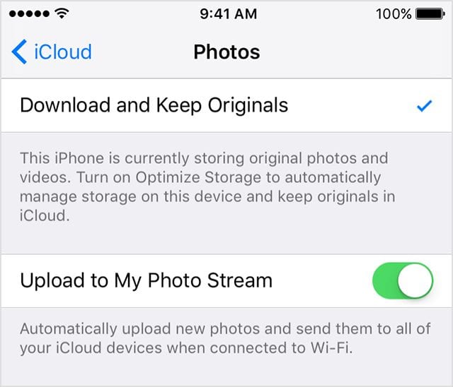 Enable "Upload to My Photo Stream" to send new photos to all iCloud devices