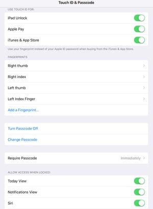 The settings for Touch ID and pass codes in iOS