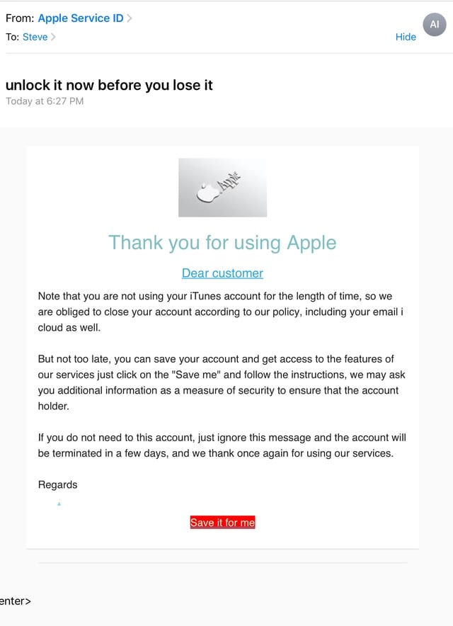 A phishing email from "Apple" (yeah, right...)