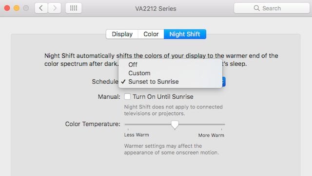 New Night Shift pane in System Preferences > Displays