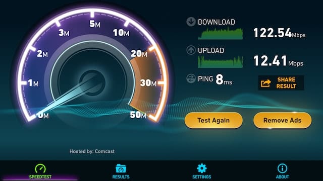 Results of a speed test on a Wi-Fi network
