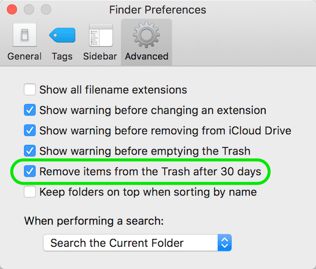 This check box enables automatic emptying of Trash after 30 days