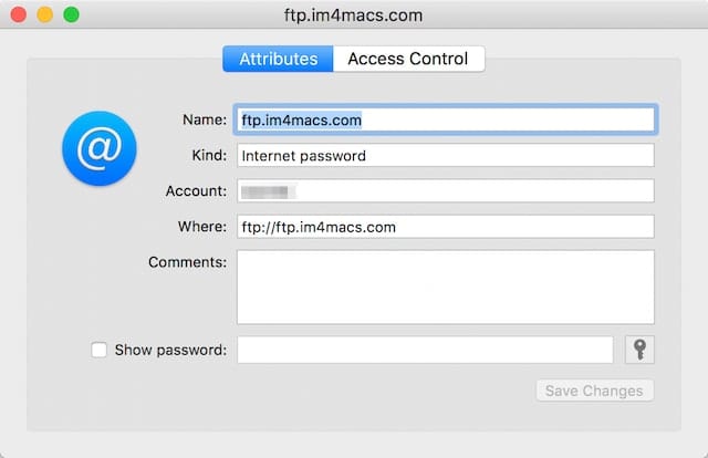 Attributes window for the ftp server password