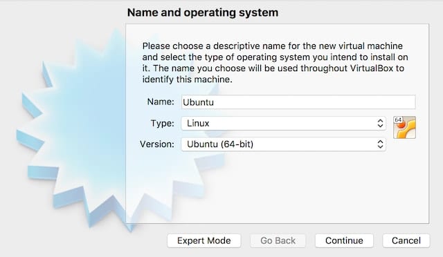 Naming the VM and selecting the type and version of Linux to install