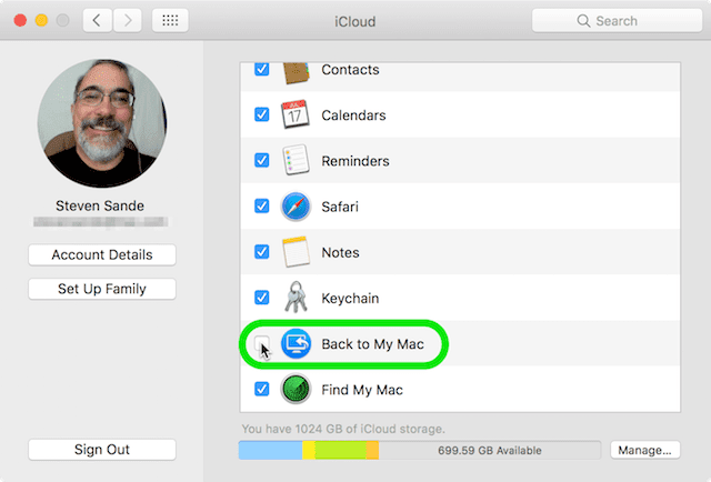 The Back to My Mac service is highlighted. Check the box to enable it.