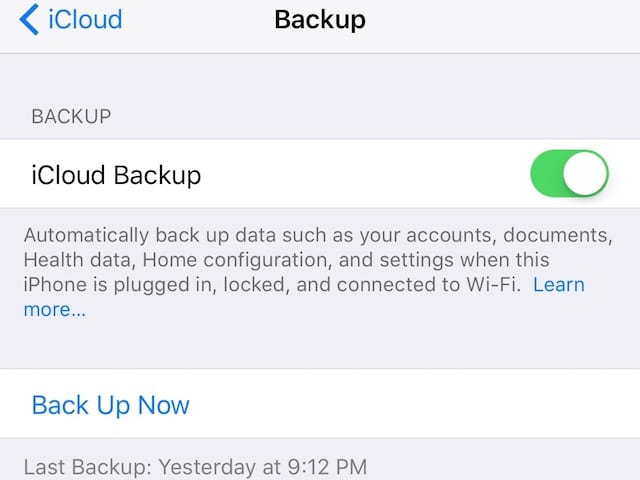 The button next to "iCloud Backup" is green when enabled