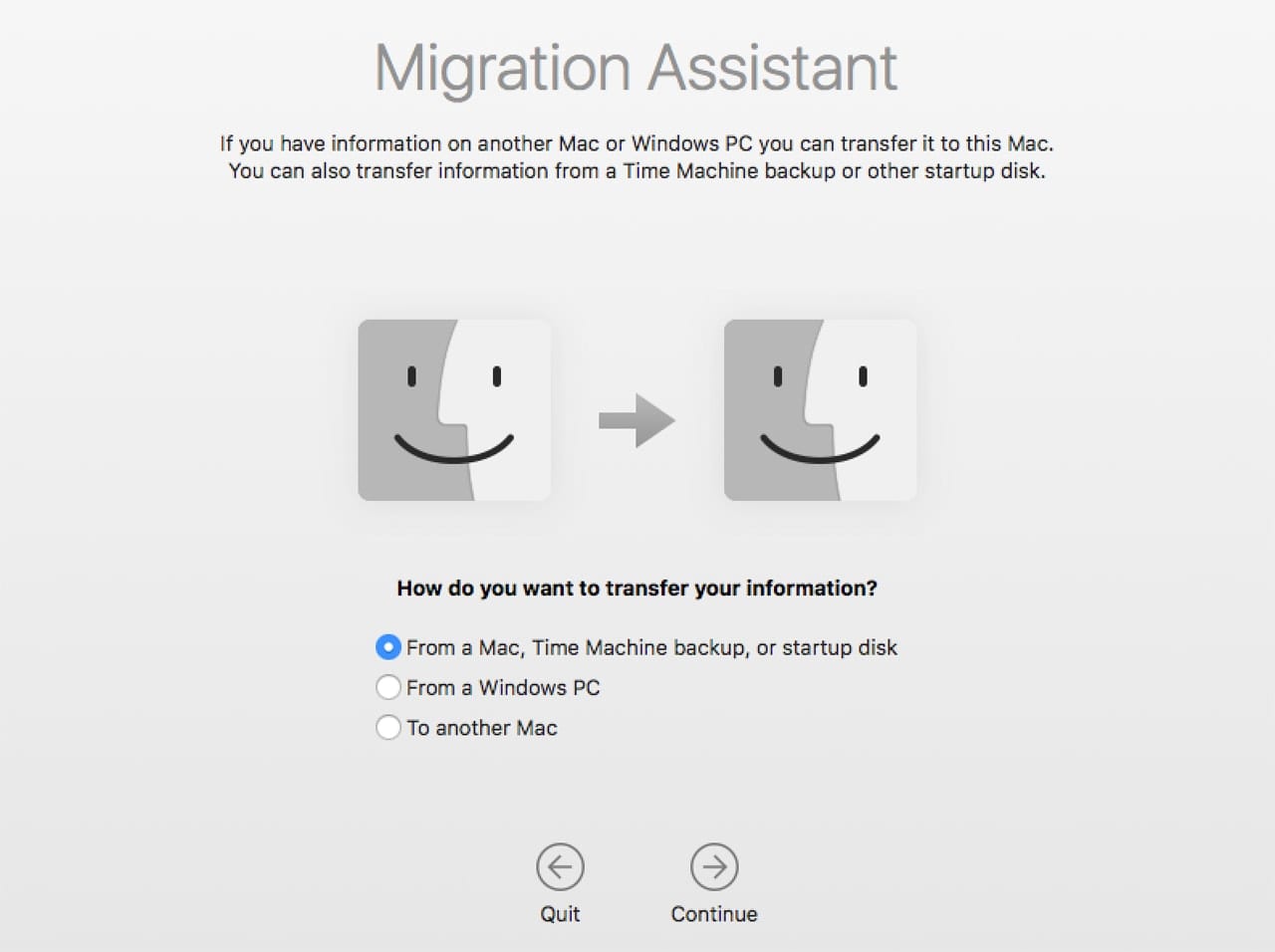 Screenshot of Migration Assistant Transfer Choice