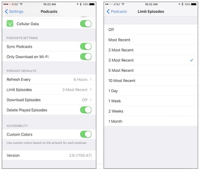 Settings > Podcasts, and how to limit episodes