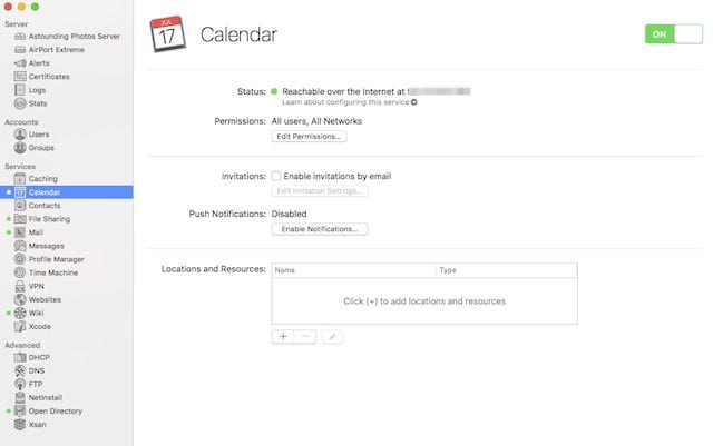 The Calendar Pane in macOS Server dashboard