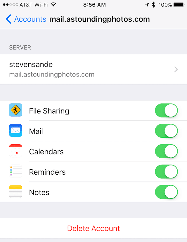 Adding Mail and Notes services to an iOS device in the Settings app