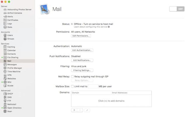 The Mail service pane on the macOS Server dashboard