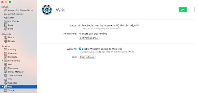 The Wiki pane on the Server dashboard