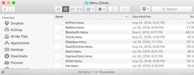 The Menu Extras folder. The second item (Battery.menu) is what we'll replace. 