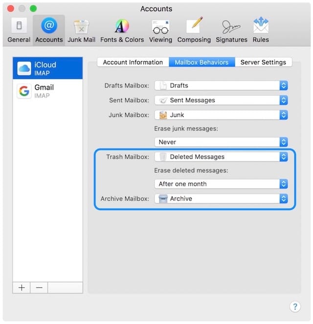 The outlined area shows the folders where deleted or archived emails are stored and the time until erasure