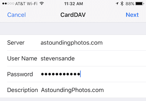 Adding a CardDAV account to the iOS Contacts settings
