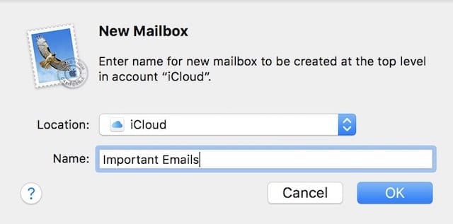 Creating a new iCloud email mailbox named "Important Emails"