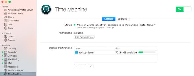 Setup of the Time Machine service on macOS Server