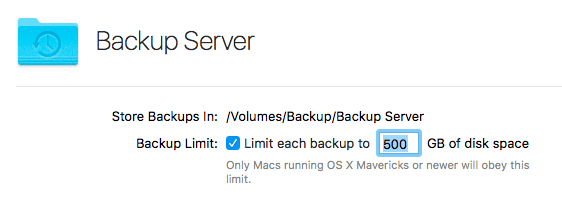 A backup folder and maximum space available per user have been selected