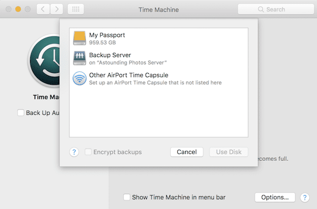 Selecting the Time Machine target drive