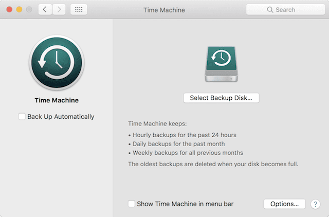 The Time Machine pane in System Preferences
